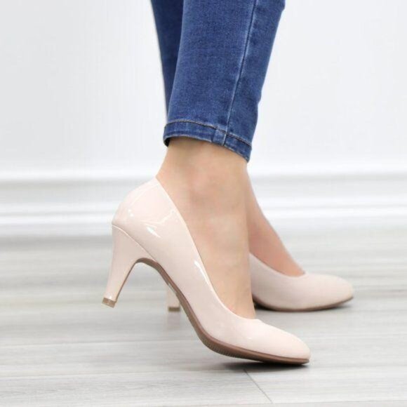 Nude Paten Round Toe Kitten Low Heel Pumps - Picture 9 of 11